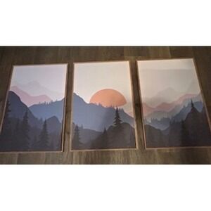 Modern Mountain Landscape Triptych 3 Piece Framed Wall Art Set Blue Pink Sunset